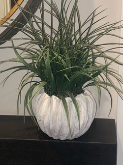 Faux Grass Plant  In The Modern White  Textured Ceramic Pot,  H14”