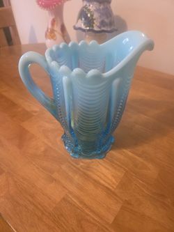 Antique Blue Opalescent Glass Pitcher