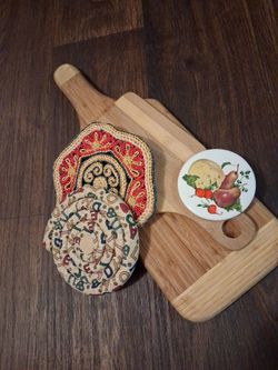Fabric Trivets and Ceramic Coaster Set and two wooden cutting boards