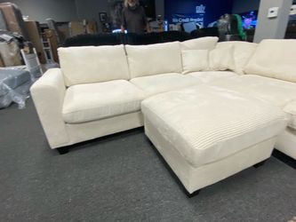 IVORY Plush Corduroy 99x99 sectional sofa with ottoman sectional sofa $550 (msrp $1,199)