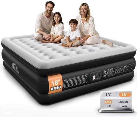 King Size Air Mattress with Built in Pump, Upgraded 18" Raised King Blow Up Air Mattress 2-4 Persons for Guests & Home, Ideal for Temporary Use, Colch