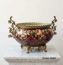 Antique French Faience Jardiniere, Bronze Dragon Handles, Keller & Guerin Style