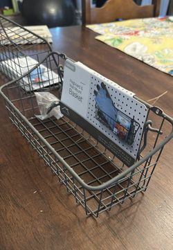 Set of 2 Wire Pegboard & Wall Mount Baskets – New, 11” Gray Metal