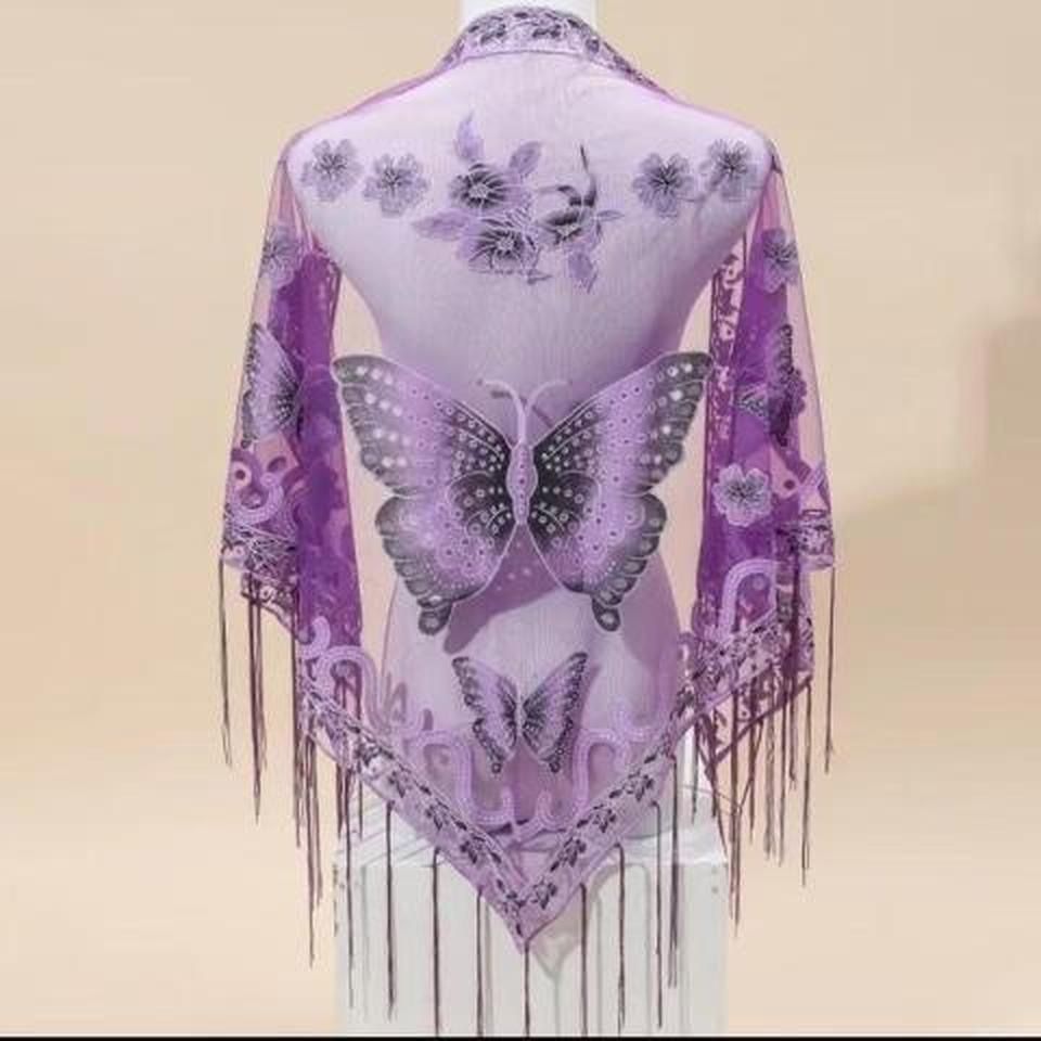 Purple Bohemian Style Triangle Scarf Butterfly Flower lace design Embroidery Tassel Shawl Ladies Gothic Fishnet Bodysuit Punk grunge Clothing women