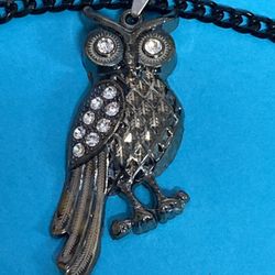 Owl Necklace On 24” Black Heavy Chain