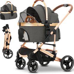 Pet Stroller, Dog Stroller for Medium Small Dog with Storage Basket Foldable Lightweight Dog Carrier Trolley.Basket can be Used Alone.（Khaki