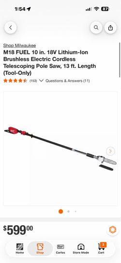 Milwaukee M18 FUEL 10 in. 18V Lithium-lon Brushless Electric Cordless Telescoping Pole Saw, 13 ft. Length (Tool-Only)$430