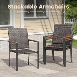 VICLLAX Patio Dining Chairs Set of 4, Outdoor Wicker Chairs w/Straight Armrests and Steel Frame for Patio, Deck, Backyard - Brown