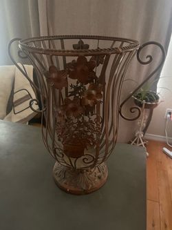 Art Deco Decorative Metal Urn Vase with Floral Detail