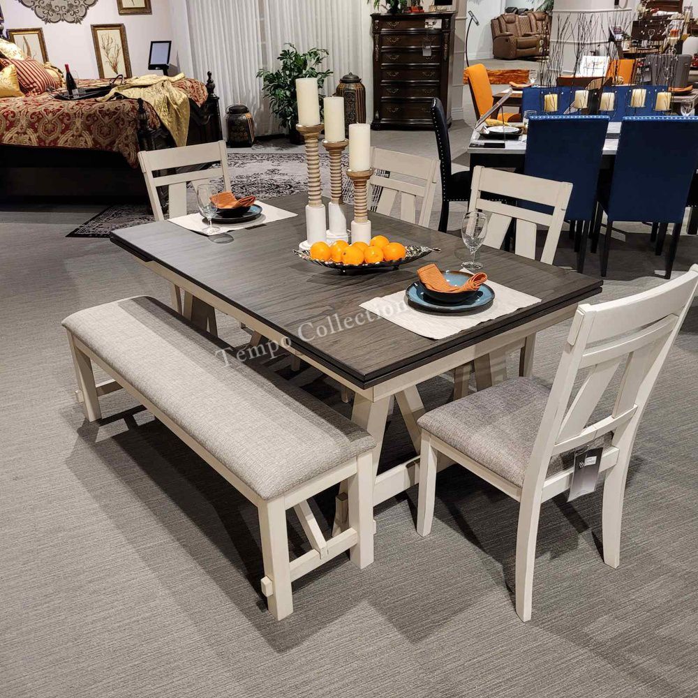 Solid Wood Dining Set, 6 Pcs, with 2 Easy Extension on Each Side, White/Brown Color, SKU#10D1903