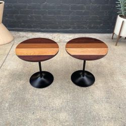 Pair of Vintage Multi-Wood Tulip Style Side Tables 2x - Delivery Available