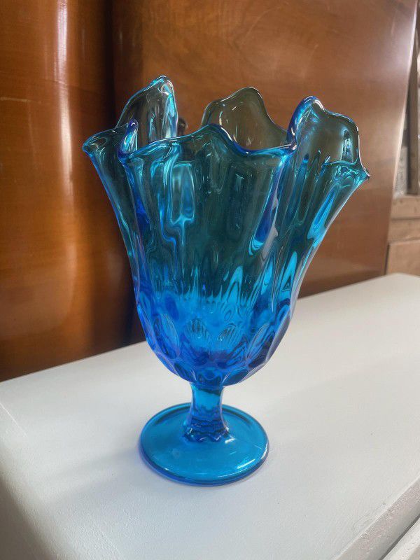 Vintage Blue Glass Mid Century Modern Swung Vase 