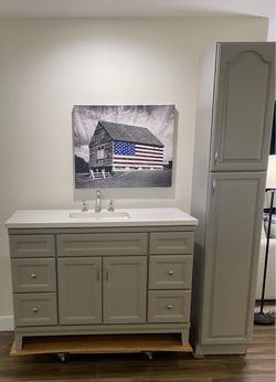 Bathroom vanity and linen cabinet