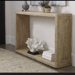 Unique Rora Console Table - with natural woven banana plants. Airy open center for added storage.
