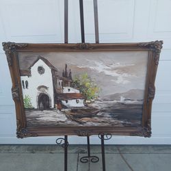 Vintage framed seaside villa oil on canvas impressionist painting signed Bannor