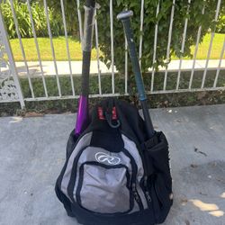 Softball Bag with 2 bats, helmet, and glove 