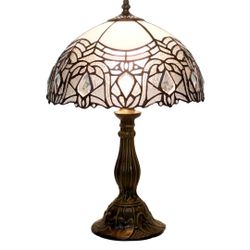 WERFACTORY Tiffany Lamp White Bent Stained Glass Bedside Table Lamp Desk Reading Light 12X12X18 Inches Decor Bedroom Living Room Home Office S508W Ser