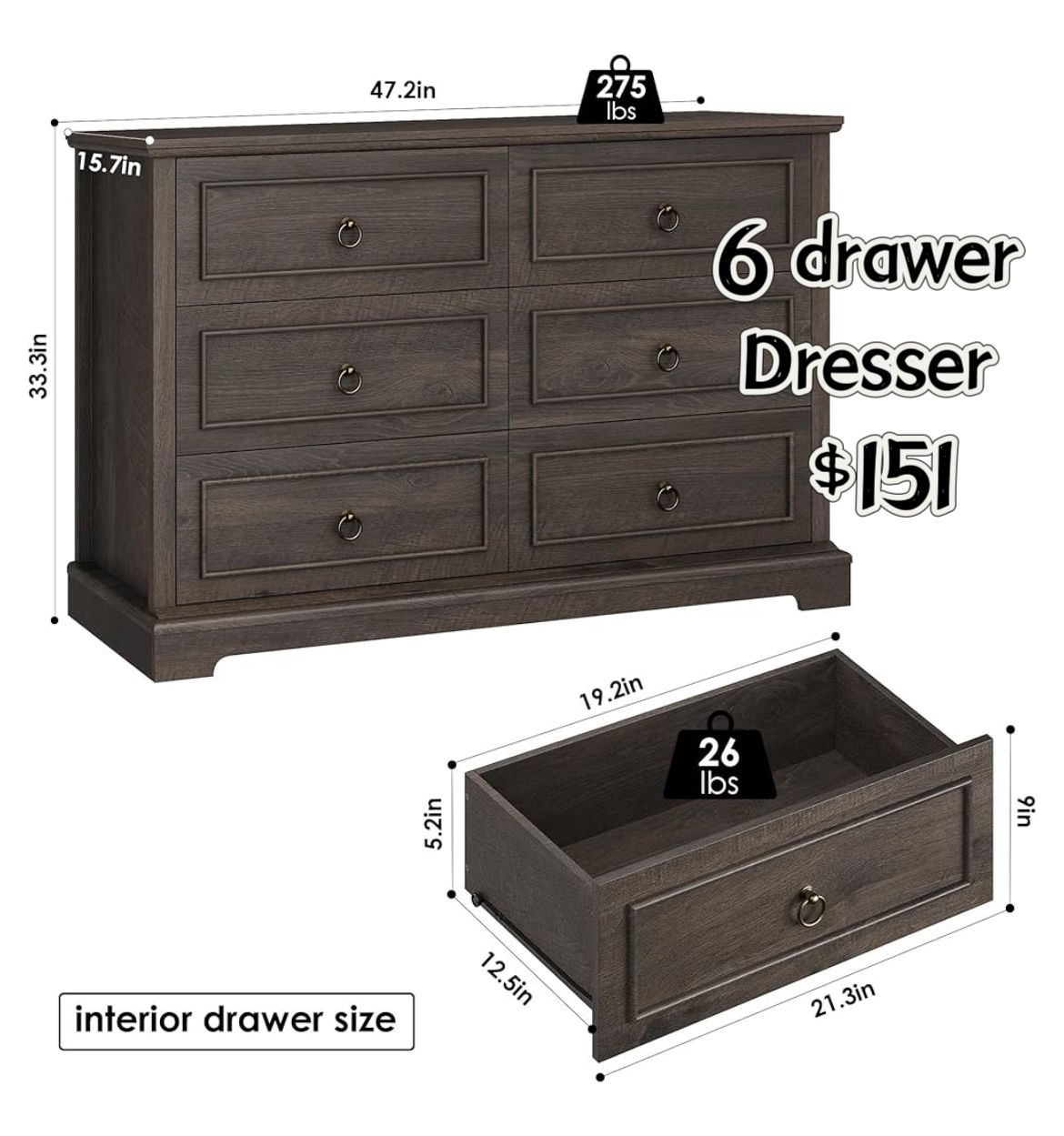 😀 6 Drawer Double Dresser, Modern Farmhouse Chest of Drawers, Wide Dressers Organizer, Accent Wood Storage Cabinet for Living Room, Hallway, Dark Bro