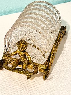Vintage Brass Gold Cherub Coaster Stand Holder W/ Glass