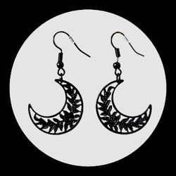 Handmade Black Floral Crescent Moon Earrings