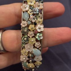 Whitney Kelly mosaic of mother of pearl flowers and precious stones set in sterling cuff bracelet 