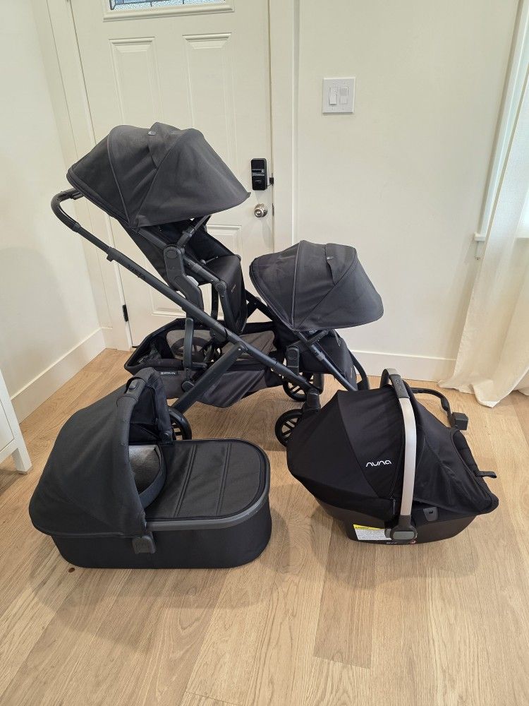 Uppababy Vista V2 Double Stroller Set + Bassinet + Nuna PIPA Car Seat & Accessories