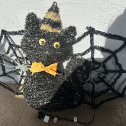 Vintage Halloween Decorations Tinsel Lighted Black Cat and 2 Spider Web Glows!