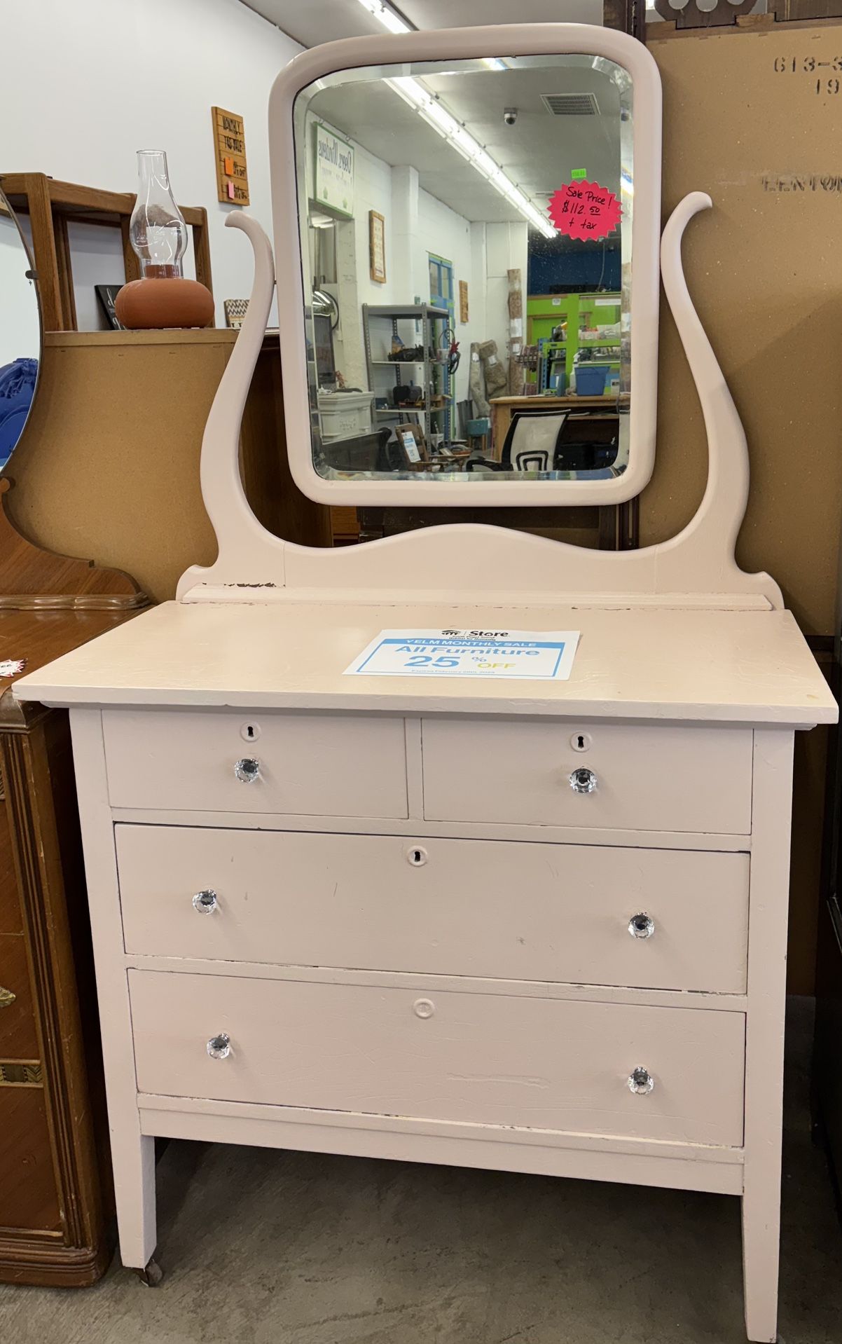 Pale Pink Vintage Dresser W/Mirror 38”x19”x67”