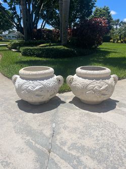Pair of White Concrete planters . Heavy
