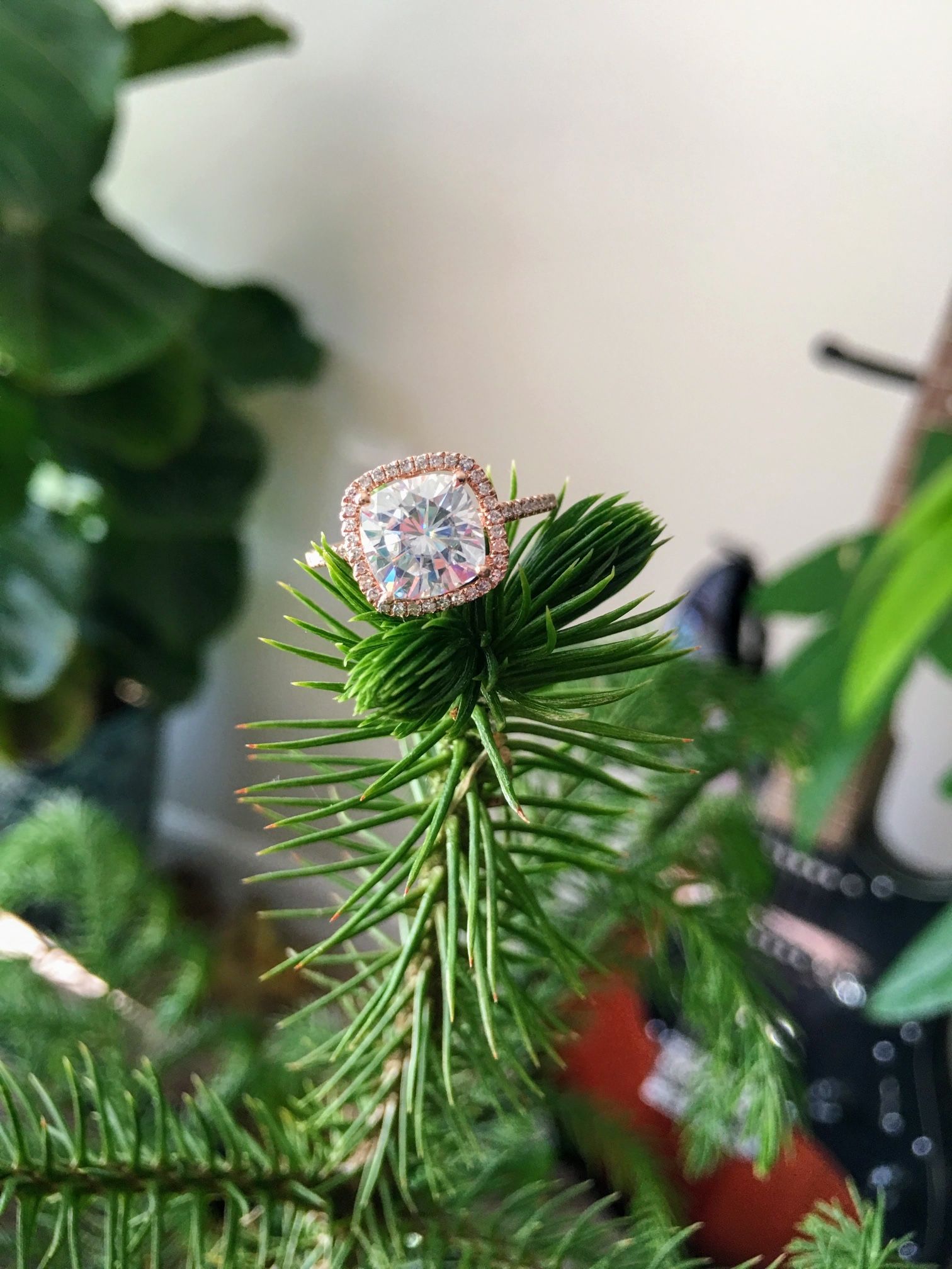 Flawless Moissanite Engagement Ring • Diamond Halo • Cushion Cut • 14K Rose Gold • Forever One Certified Clarity • Size 5.25US