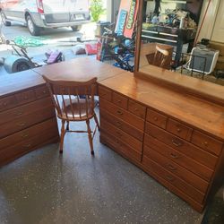 Antique Solid Wood Bunkbeds, With Ladder, L-shaped Dresser With Mirror, Corner Desk And Chair