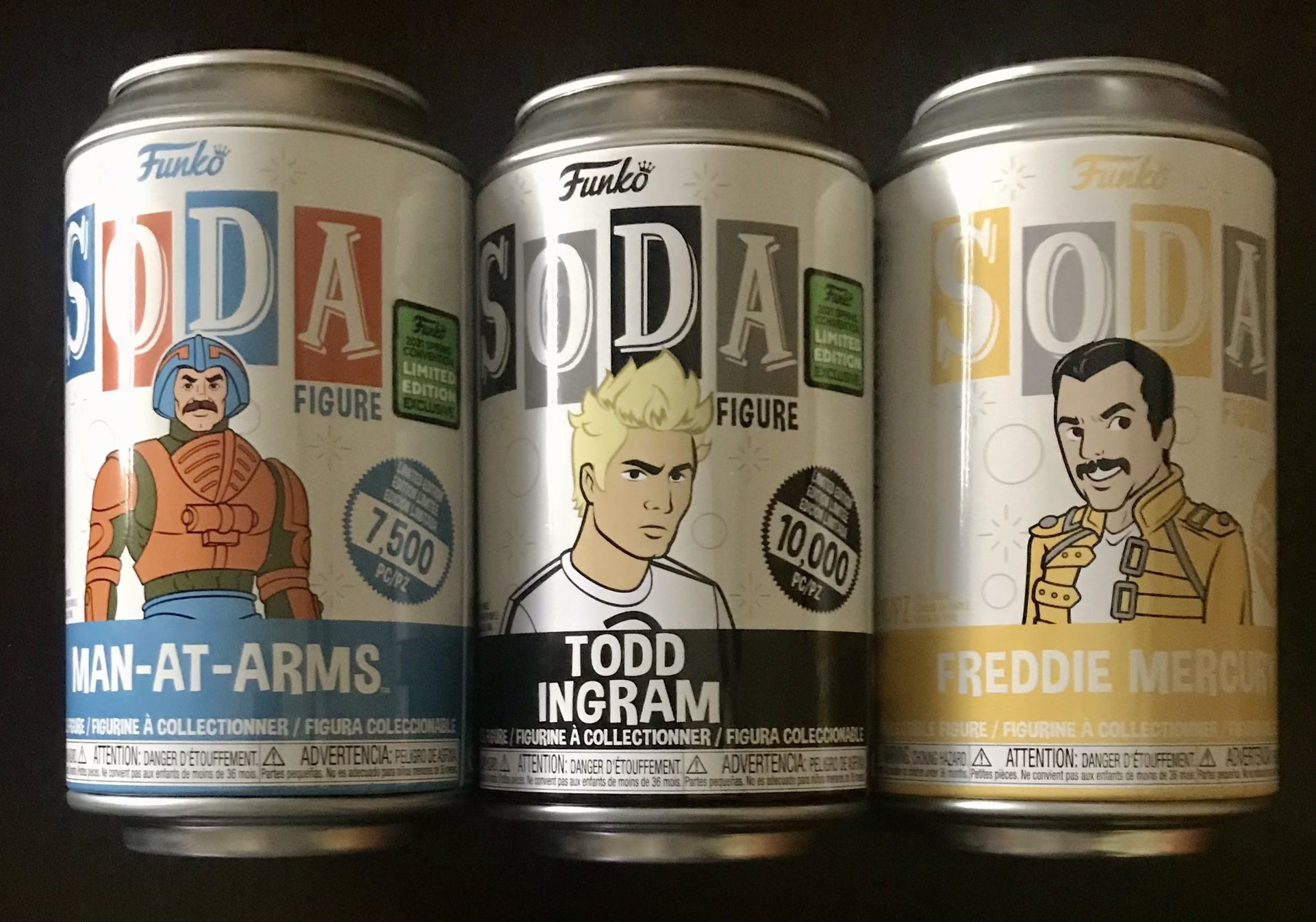 Funko Soda POP! Freddie Mercury, Todd Ingram & Man-At-Arms Commons 2021 ECCC Exclusive Limited PCS. Cans are opened, Bags with Figures are Sealed!