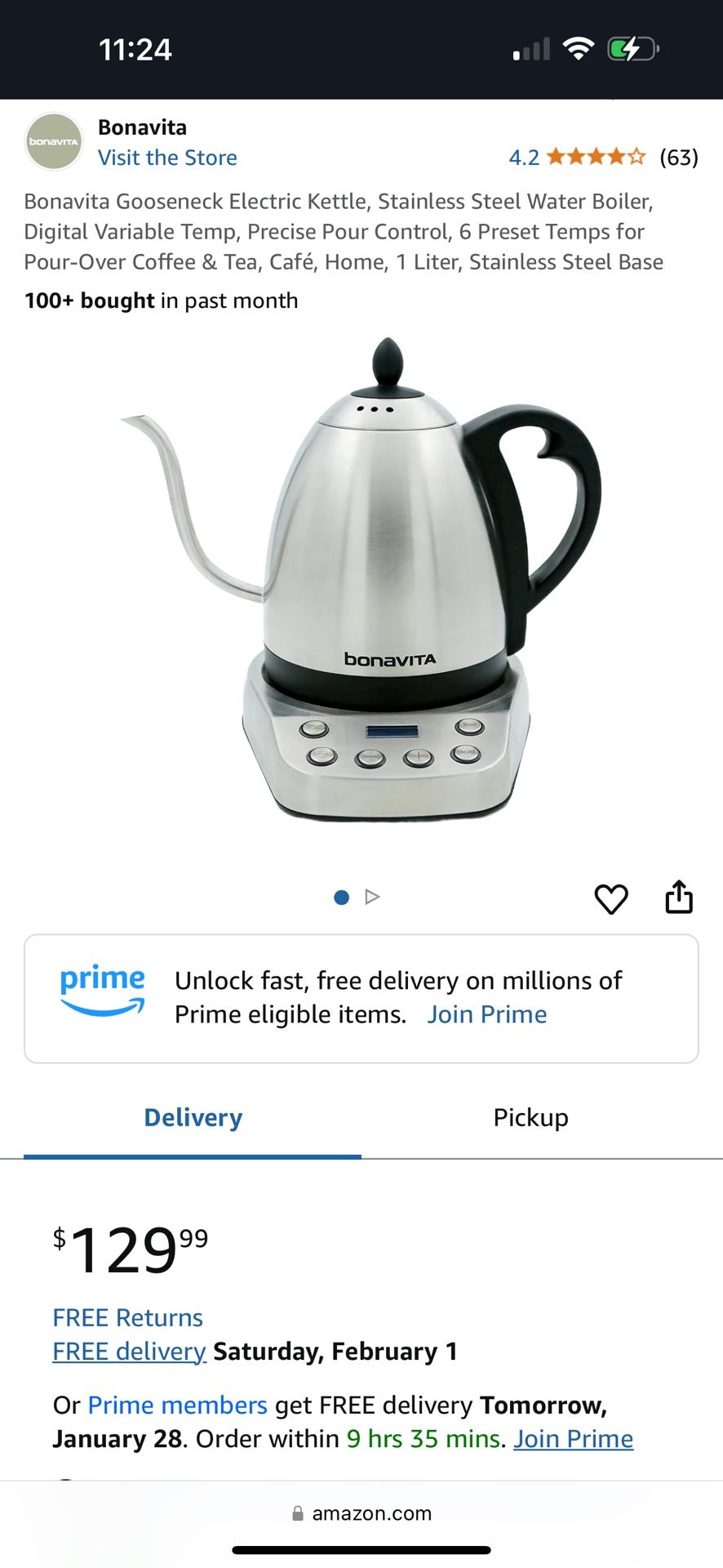 Bonavita Gooseneck Electric Kettle, Stainless Steel Water Boiler, Digital Variable Temp, Precise Pour Control, 6 Preset Temps for Pour-Over Coffee & T