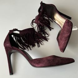 Stuart Weitzman Fringelica Ankle Strap Heels | Size 8.5 | Burgundy Suede
