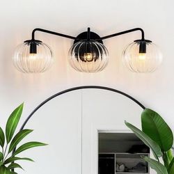 Bathroom Light Fixtures Over Mirror, 3 Light Matte Black with Clear Striped Glass Shade