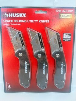 Pack of 3 Husky 1011-378-042 Folding Lock-Back Utility Knives Quick Change Blade