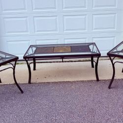 Brown Jordan 3-Piece Patio Table Set - Metal, Glass & Riverstone Inlay