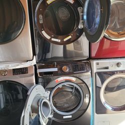 New Samsung AddWash Front Load Washer And Stackable Gas Dryer Set In Black Stainless Steel 