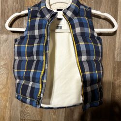 Old Navy Toddler Boys Winter Puffer Vest Blue Plaid Flannel Fleece Lined Size 2T