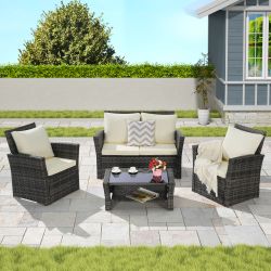 4 Pieces Outdoor Patio Furniture Sets Garden Rattan Chair Wicker Set, Poolside Lawn Chairs with Tempered Glass Coffee Table Porch Furniture