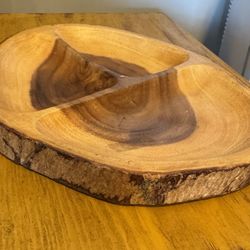 Rustic, hand-carved wooden serving platter with three compartments crafted from raw materials.  Food safe 