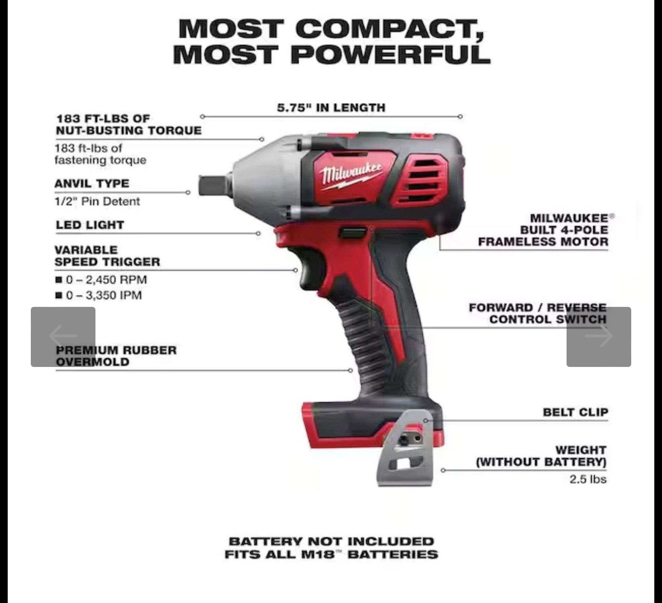 New Milwaukee M18 Cordless 1/2” Impact Wrench Milwaukee 4-pole frameless motor