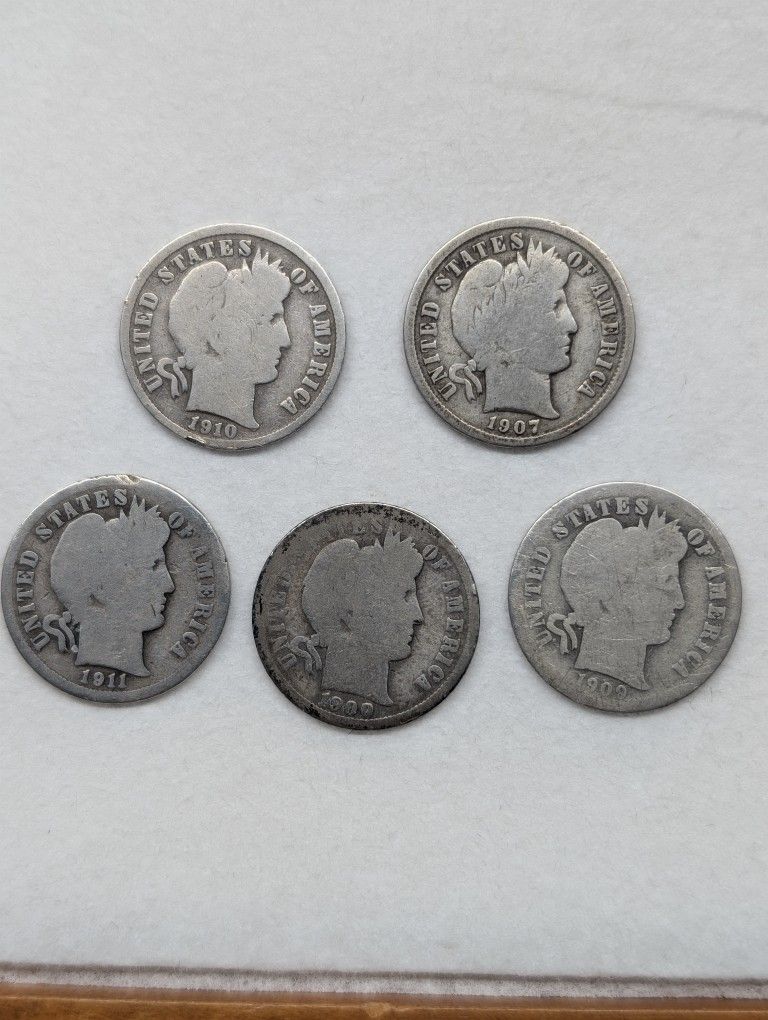 Set of 5 US Barber Dimes 90% Silver