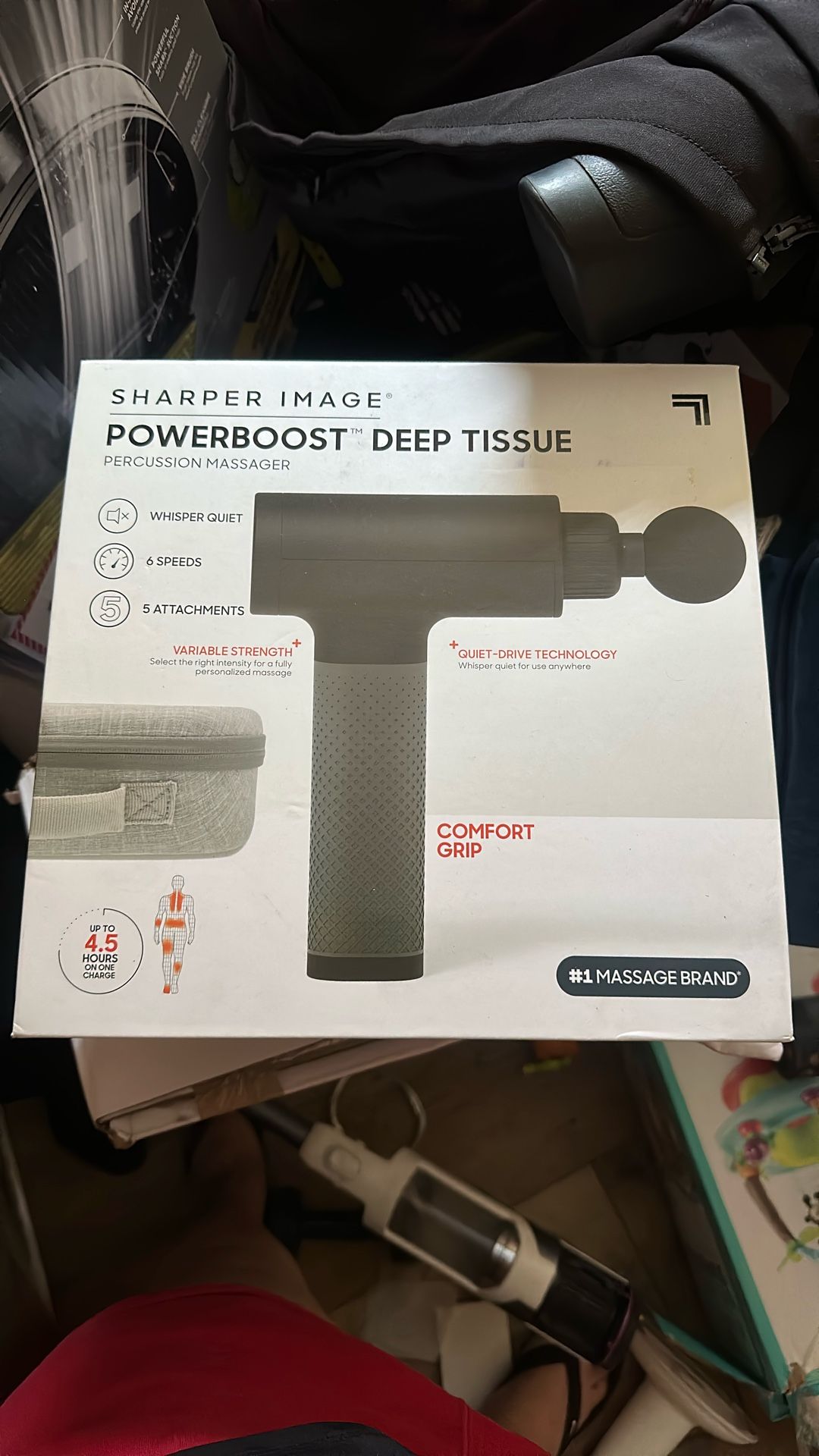 Sharper Image® Powerboost® Deep Tissue Percussion Massager Version 3.0, Massage Gun w/ 5 Attachments, 6 Speed Settings