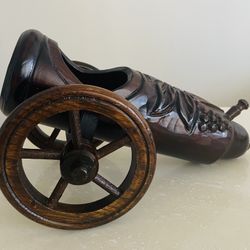 Wine Bottle Holder Vintage Hand Made Carved Brown Wood Cannon One of a Kind