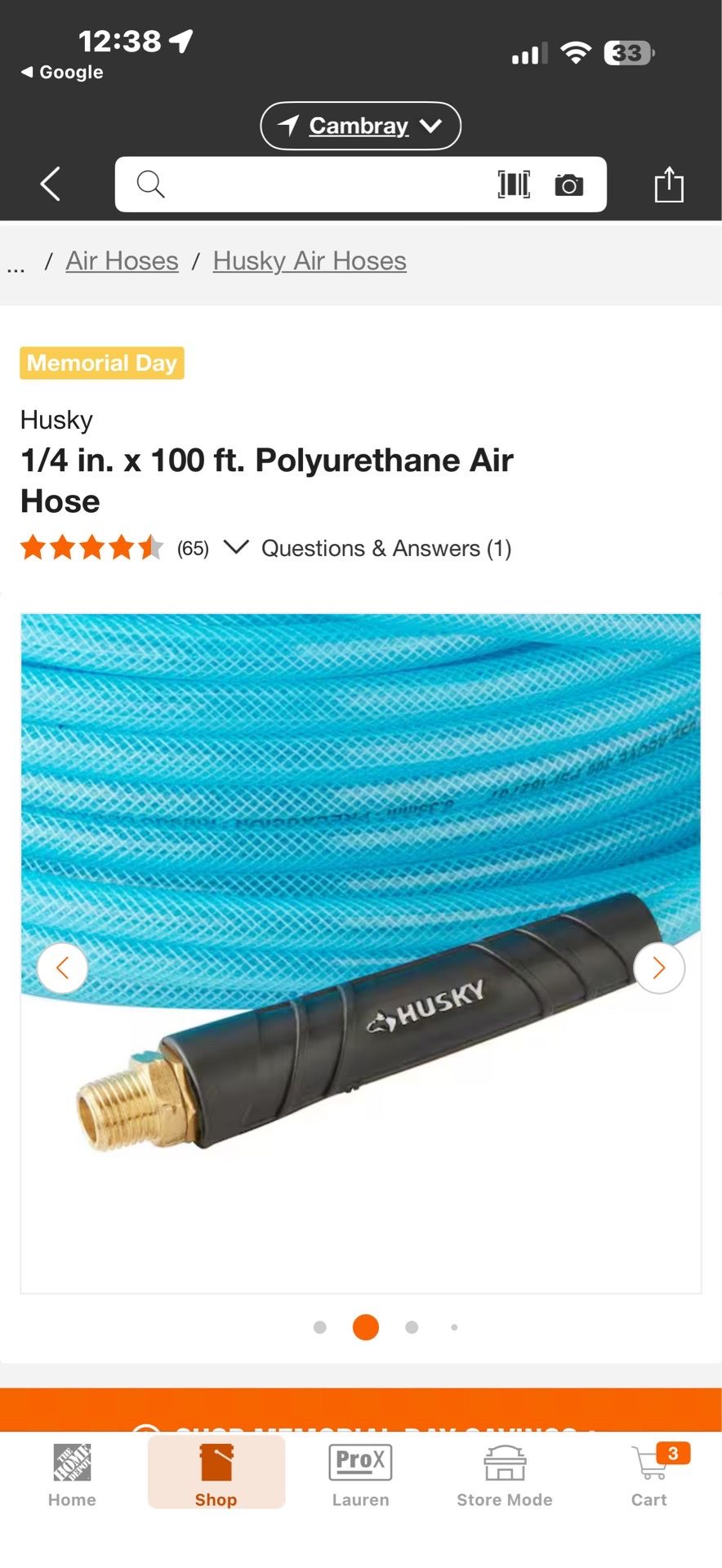 HUSKY Polyurethane Air Hose approx 100 ft