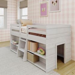 Max & Lily Modern Farmhouse Low Loft Bed, Twin Bed Frame for Kids with 2 Bookcases, White Wash