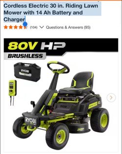 Ryobi R1 80V HP Brushless Lithium Battery Cordless Electric 30 in. Riding Lawn Mower with 14 Ah Battery and Charger plus bonus 10 ah battery  New