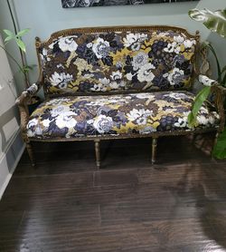 Custom Upholstered Carved Gold Wood Settee / Loveseat