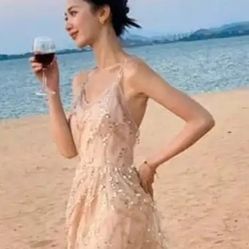 Ladies Sequin Cami Spaghetti Strap Long Dress Slip - Backless